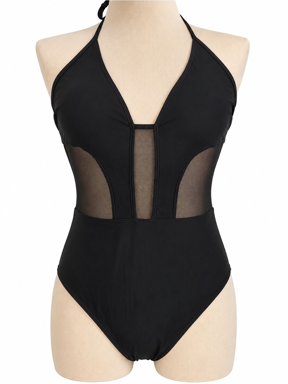 NWOT Black Mesh Panel Halter One Piece Swimsuit 1XL Sheer Plus Size Swimwear